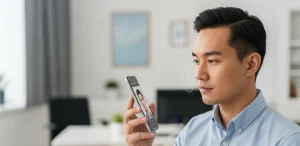 **Alt Text Otimizado para SEO:** `Funcionário utilizando biometria facial em smartphone para controle de frequência, destacando a modernidade e segurança do registro de ponto eletrônico.`