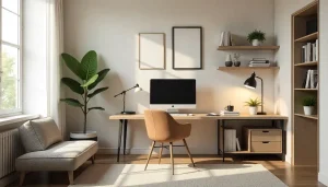 Imagem de um espaço de trabalho em home office bem organizado com mesa, computador, cadeira confortável, prateleiras, iluminação e plantas, ideal para montar um home office.